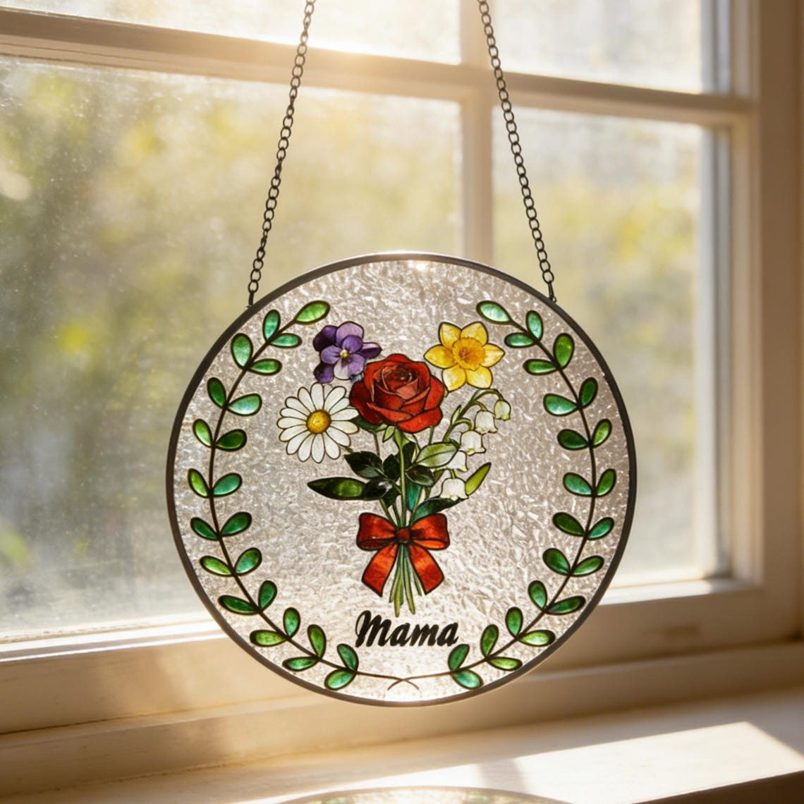 Personalized Family Birth Month Flower Stained Glass Suncatcher: Mother's Day Gift, Mama Garden Decor, Botanical Glass Window Hanging