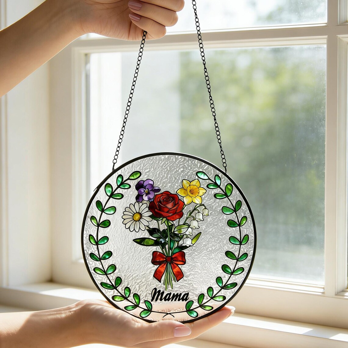 Personalized Family Birth Month Flower Stained Glass Suncatcher: Mother's Day Gift, Mama Garden Decor, Botanical Glass Window Hanging