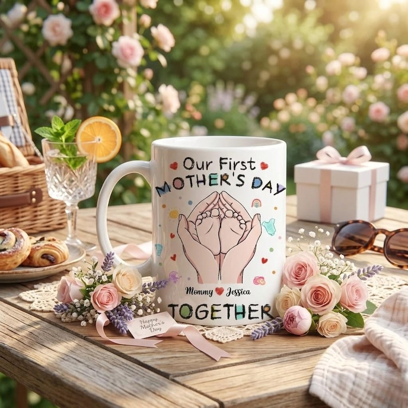 Custom First Mother’s Day Mug – Personalized Mommy & Baby Feet Gift, New Mom Baby Shower Present