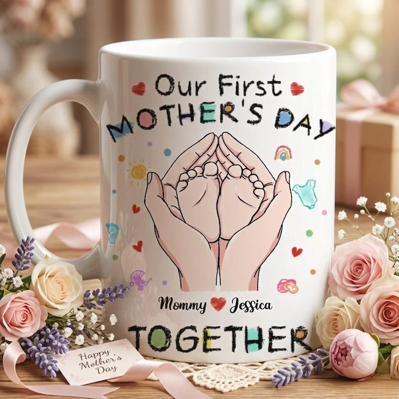 Custom First Mother’s Day Mug – Personalized Mommy & Baby Feet Gift, New Mom Baby Shower Present