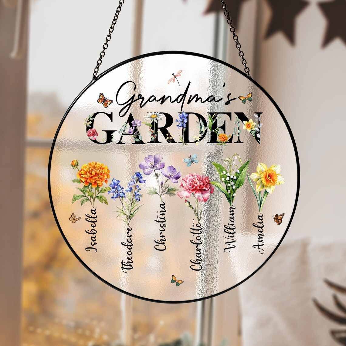 Grandma Suncatcher, Custom Birth Flowers Stained Glass Suncatcher, Mother's Day Gifts for Grandma, Grandma's Garden Suncatcher, Nana Gift