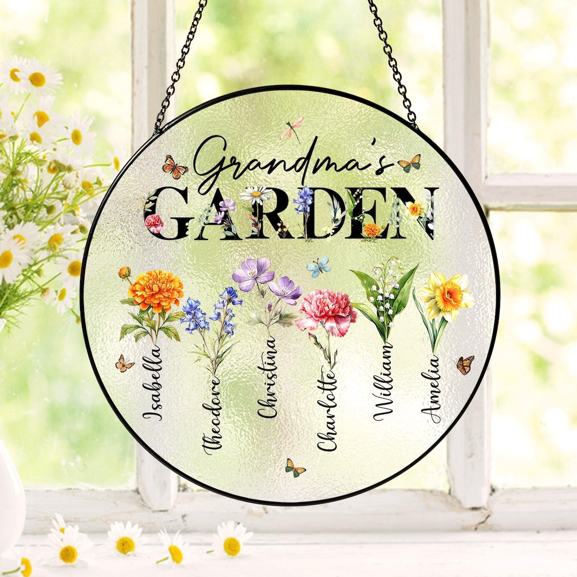 Grandma Suncatcher, Custom Birth Flowers Stained Glass Suncatcher, Mother's Day Gifts for Grandma, Grandma's Garden Suncatcher, Nana Gift