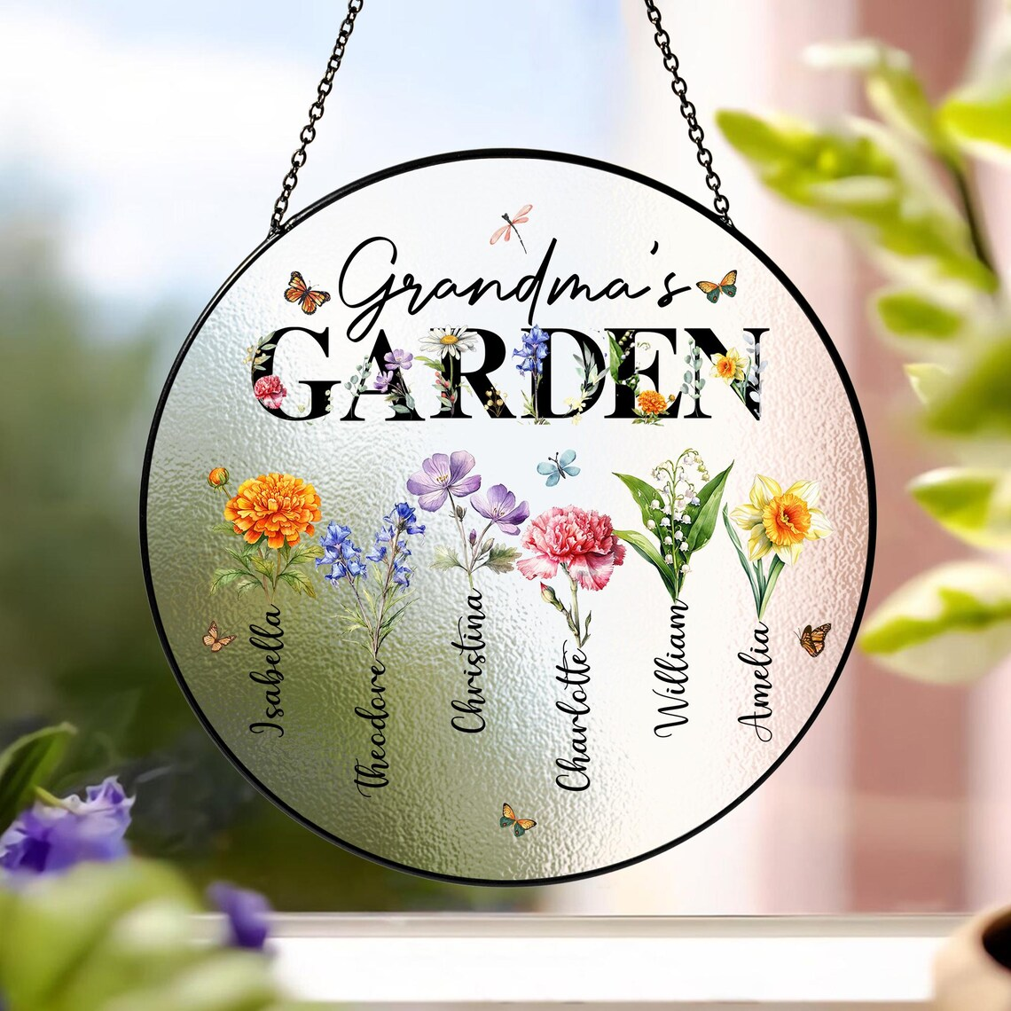 Grandma Suncatcher, Custom Birth Flowers Stained Glass Suncatcher, Mother's Day Gifts for Grandma, Grandma's Garden Suncatcher, Nana Gift