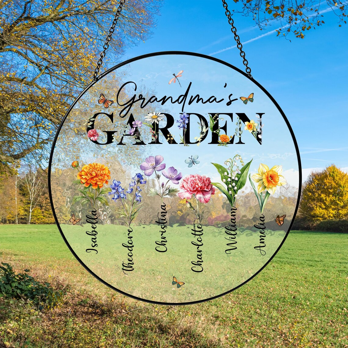 Grandma Suncatcher, Custom Birth Flowers Stained Glass Suncatcher, Mother's Day Gifts for Grandma, Grandma's Garden Suncatcher, Nana Gift