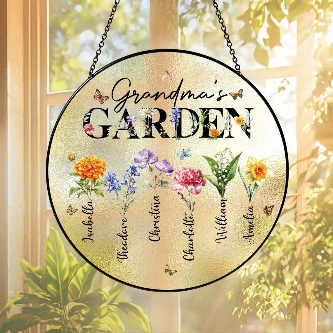Grandma Suncatcher, Custom Birth Flowers Stained Glass Suncatcher, Mother's Day Gifts for Grandma, Grandma's Garden Suncatcher, Nana Gift