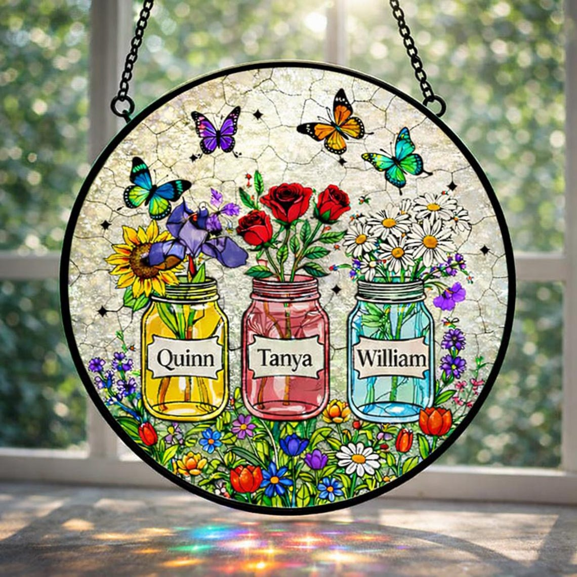 Personalized Mother's Day Suncatcher, Custom Birth Flower, Mom’s Bunch Gift, Mason Jar Window Hanging, Mother's Day Gift, Nana's Blessings