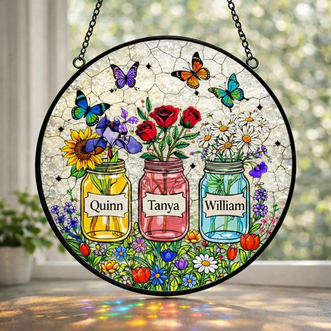 Personalized Mother's Day Suncatcher, Custom Birth Flower, Mom’s Bunch Gift, Mason Jar Window Hanging, Mother's Day Gift, Nana's Blessings