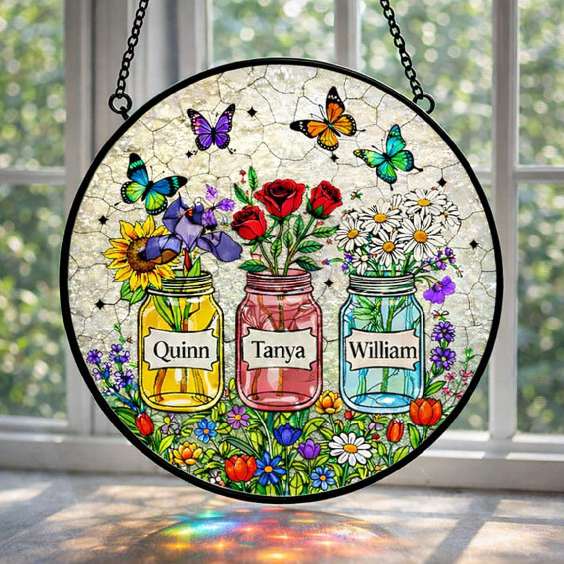 Personalized Mother's Day Suncatcher, Custom Birth Flower, Mom’s Bunch Gift, Mason Jar Window Hanging, Mother's Day Gift, Nana's Blessings