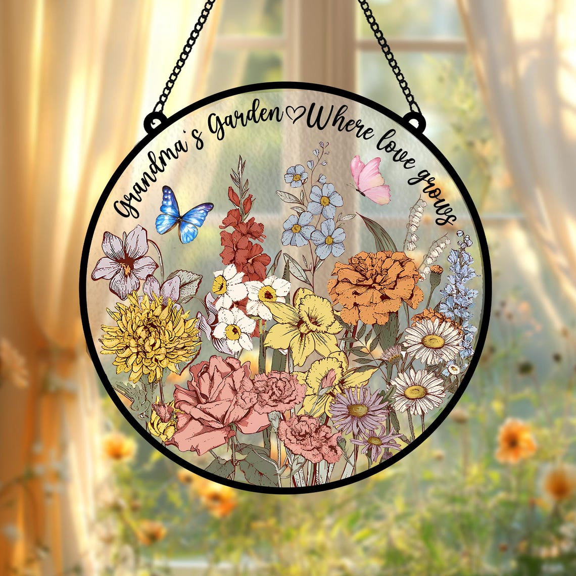 Custom Family Birth Flowers Glass Suncatcher, Mom’s Garden Stained Glass Art, Mother’s Day Botanical Gift for Grandma’s Home Decor