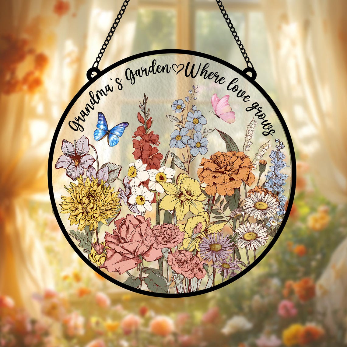 Custom Family Birth Flowers Glass Suncatcher, Mom’s Garden Stained Glass Art, Mother’s Day Botanical Gift for Grandma’s Home Decor