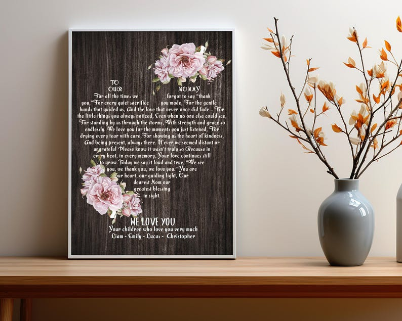 Personalized Mothers Day Gift Canvas Wall Art, Custom Heart Shaped Inspirational Quote Gift for Mom, Gift To Our Mommy We Love You Sign
