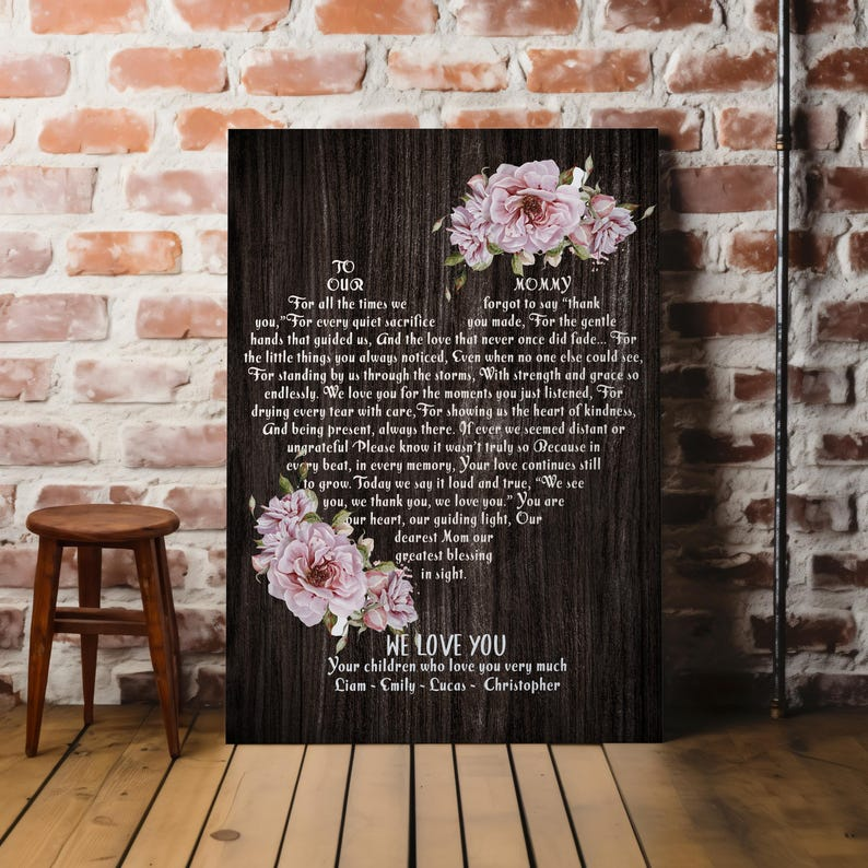 Personalized Mothers Day Gift Canvas Wall Art, Custom Heart Shaped Inspirational Quote Gift for Mom, Gift To Our Mommy We Love You Sign