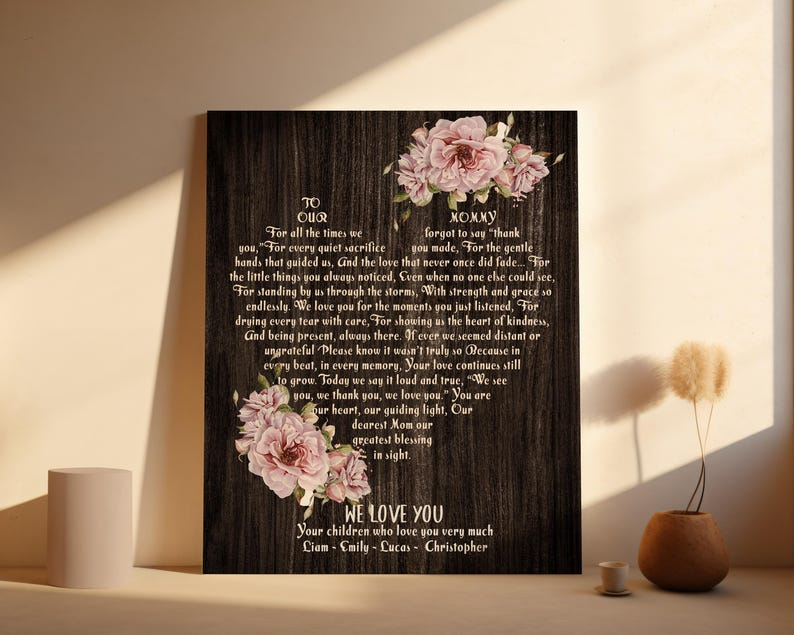 Personalized Mothers Day Gift Canvas Wall Art, Custom Heart Shaped Inspirational Quote Gift for Mom, Gift To Our Mommy We Love You Sign