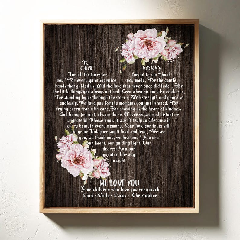 Personalized Mothers Day Gift Canvas Wall Art, Custom Heart Shaped Inspirational Quote Gift for Mom, Gift To Our Mommy We Love You Sign