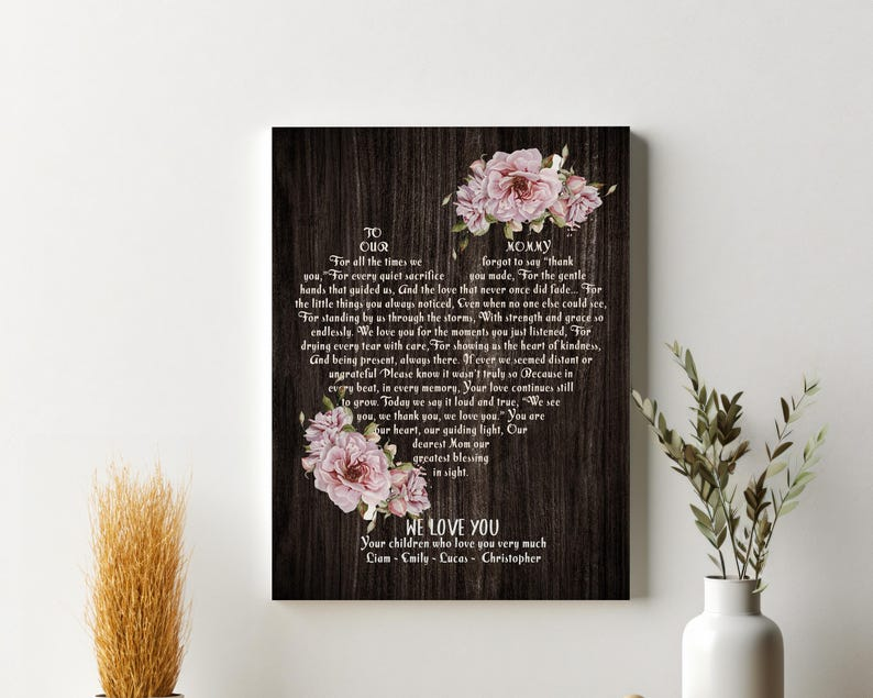 Personalized Mothers Day Gift Canvas Wall Art, Custom Heart Shaped Inspirational Quote Gift for Mom, Gift To Our Mommy We Love You Sign