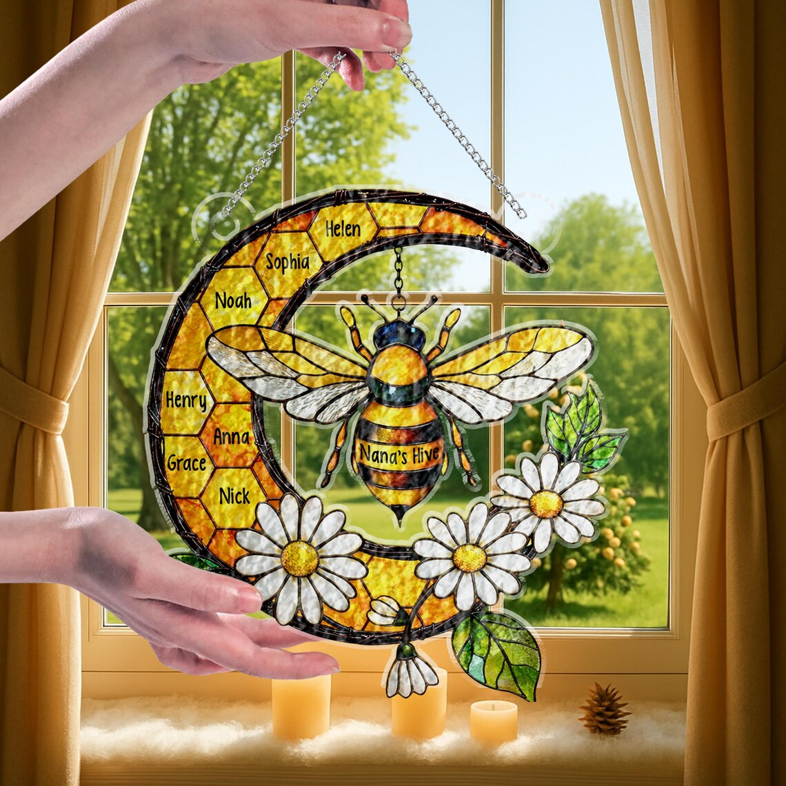 Custom Grandma's Garden Bee Suncatcher, Stained Glass Window Hanging Acrylic Suncatcher, Mother's Day Gift for Mom, Grandma Gift, Nana Gifts