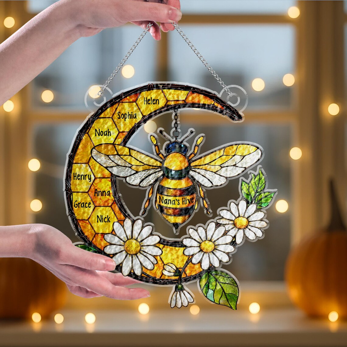 Custom Grandma's Garden Bee Suncatcher, Stained Glass Window Hanging Acrylic Suncatcher, Mother's Day Gift for Mom, Grandma Gift, Nana Gifts