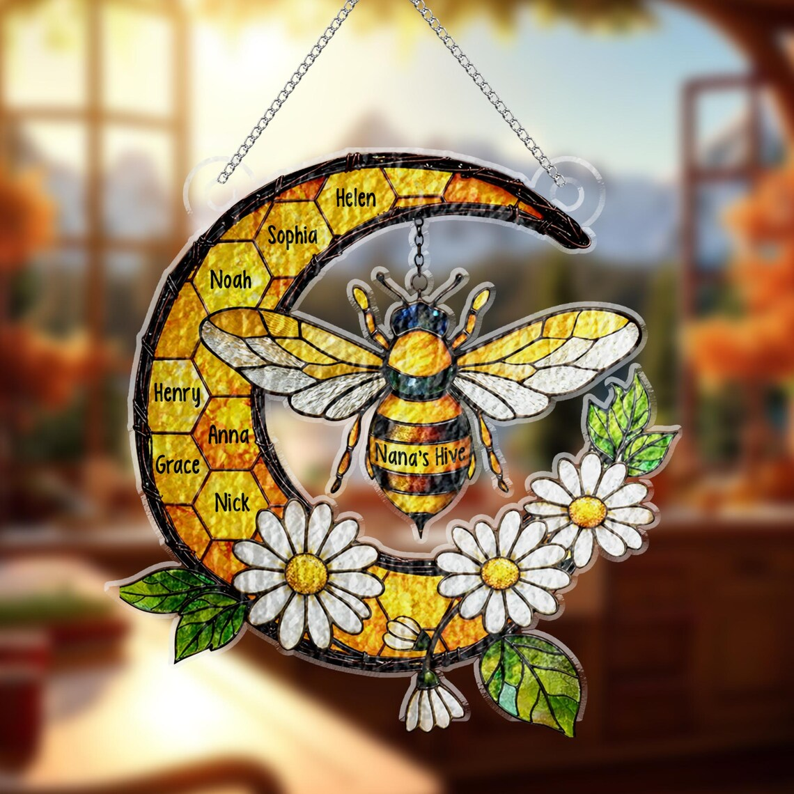 Custom Grandma's Garden Bee Suncatcher, Stained Glass Window Hanging Acrylic Suncatcher, Mother's Day Gift for Mom, Grandma Gift, Nana Gifts