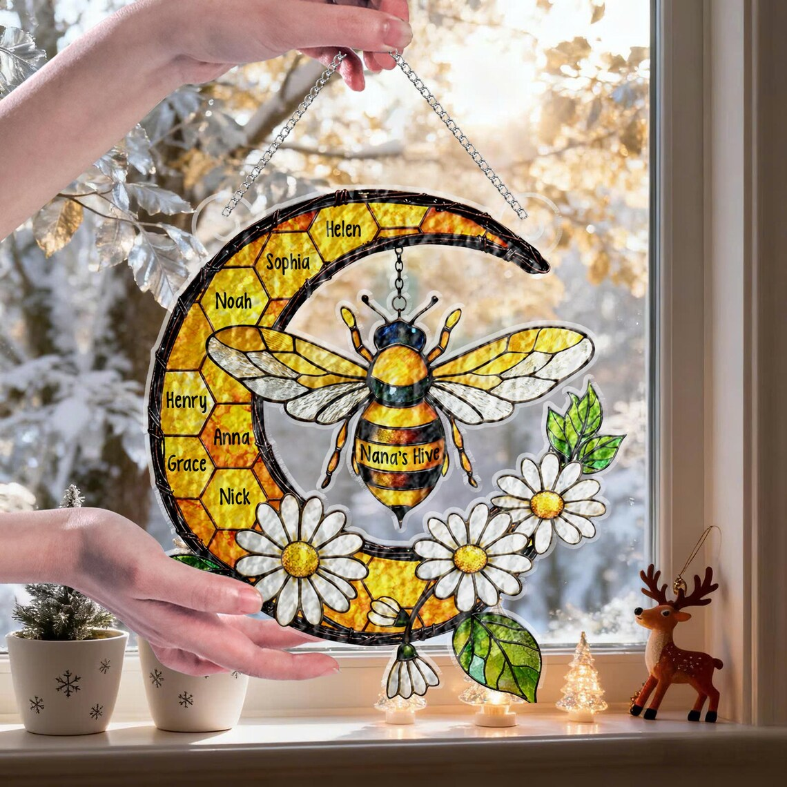 Custom Grandma's Garden Bee Suncatcher, Stained Glass Window Hanging Acrylic Suncatcher, Mother's Day Gift for Mom, Grandma Gift, Nana Gifts