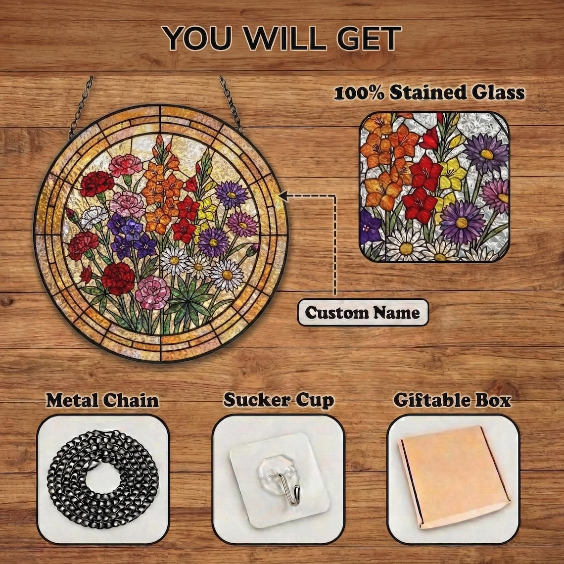 Personalized Grandma Suncatcher, Birth Flower Stained Glass Window Hanging, Mothers Day Gift for Nana