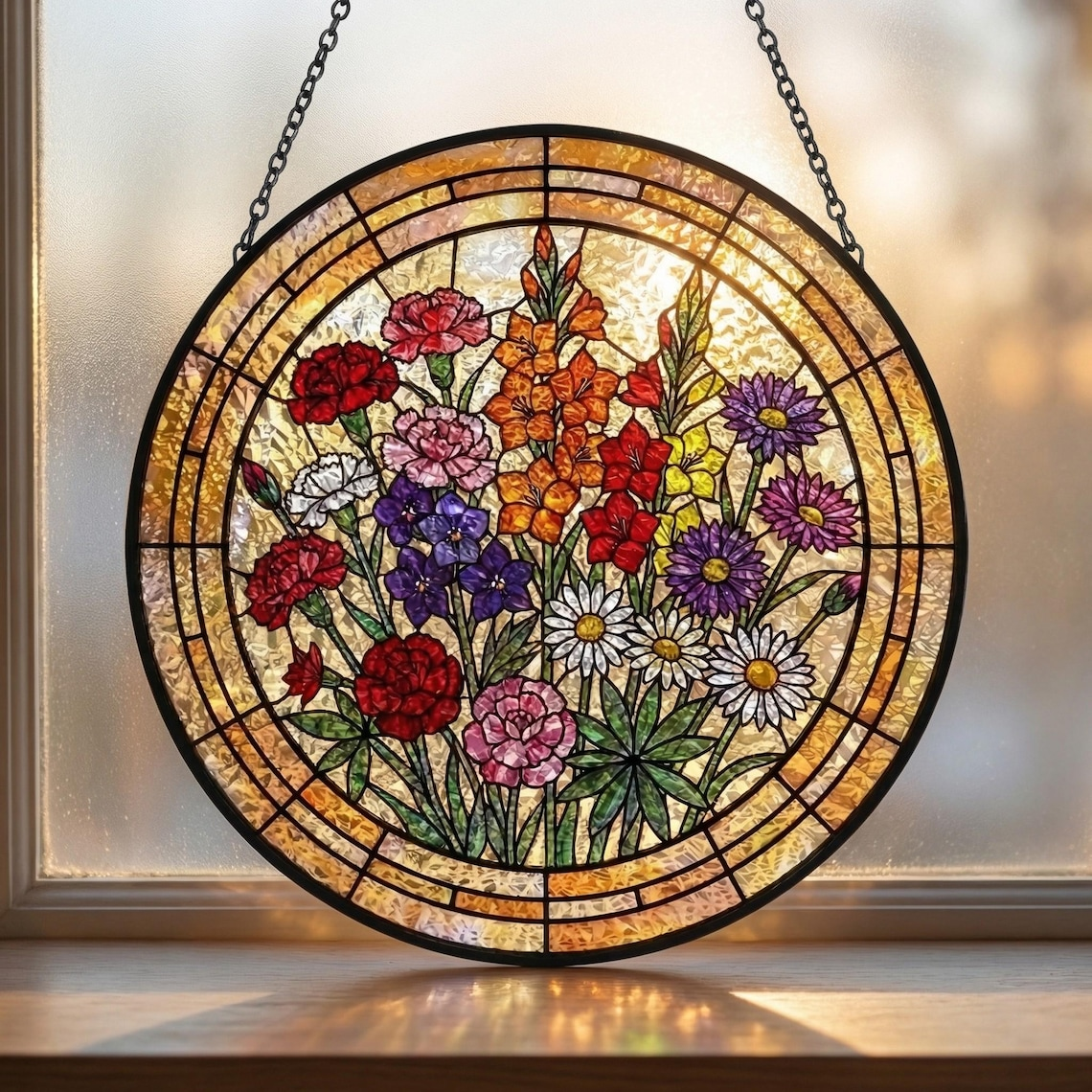 Personalized Grandma Suncatcher, Birth Flower Stained Glass Window Hanging, Mothers Day Gift for Nana