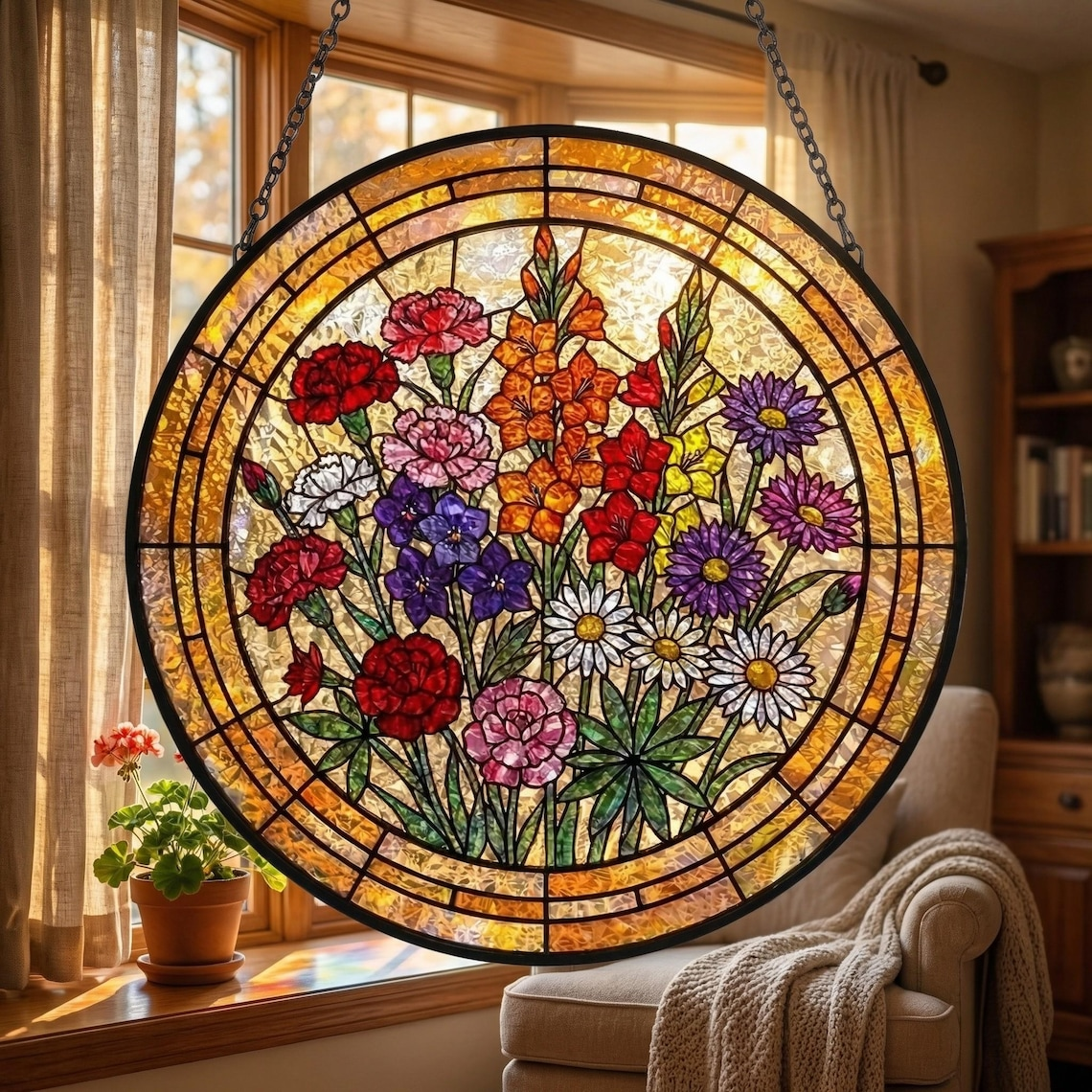 Personalized Grandma Suncatcher, Birth Flower Stained Glass Window Hanging, Mothers Day Gift for Nana