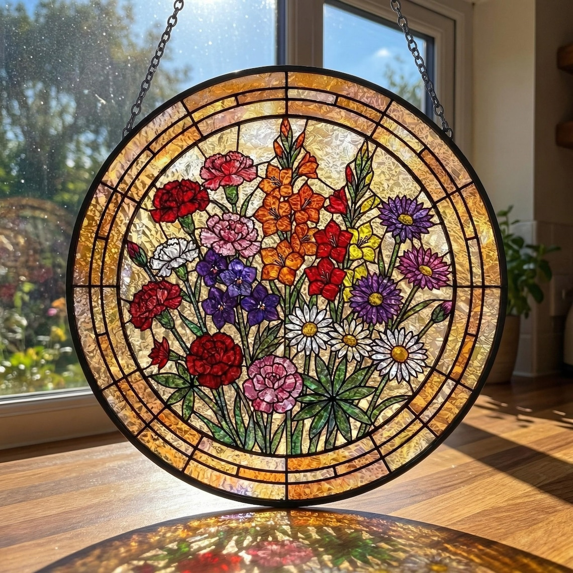 Personalized Grandma Suncatcher, Birth Flower Stained Glass Window Hanging, Mothers Day Gift for Nana