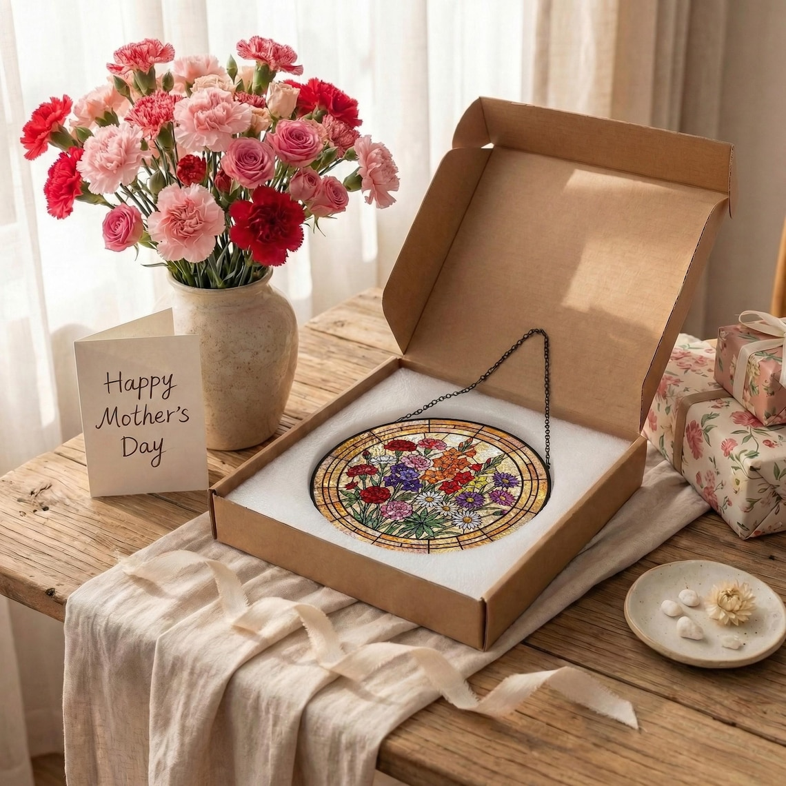 Personalized Grandma Suncatcher, Birth Flower Stained Glass Window Hanging, Mothers Day Gift for Nana