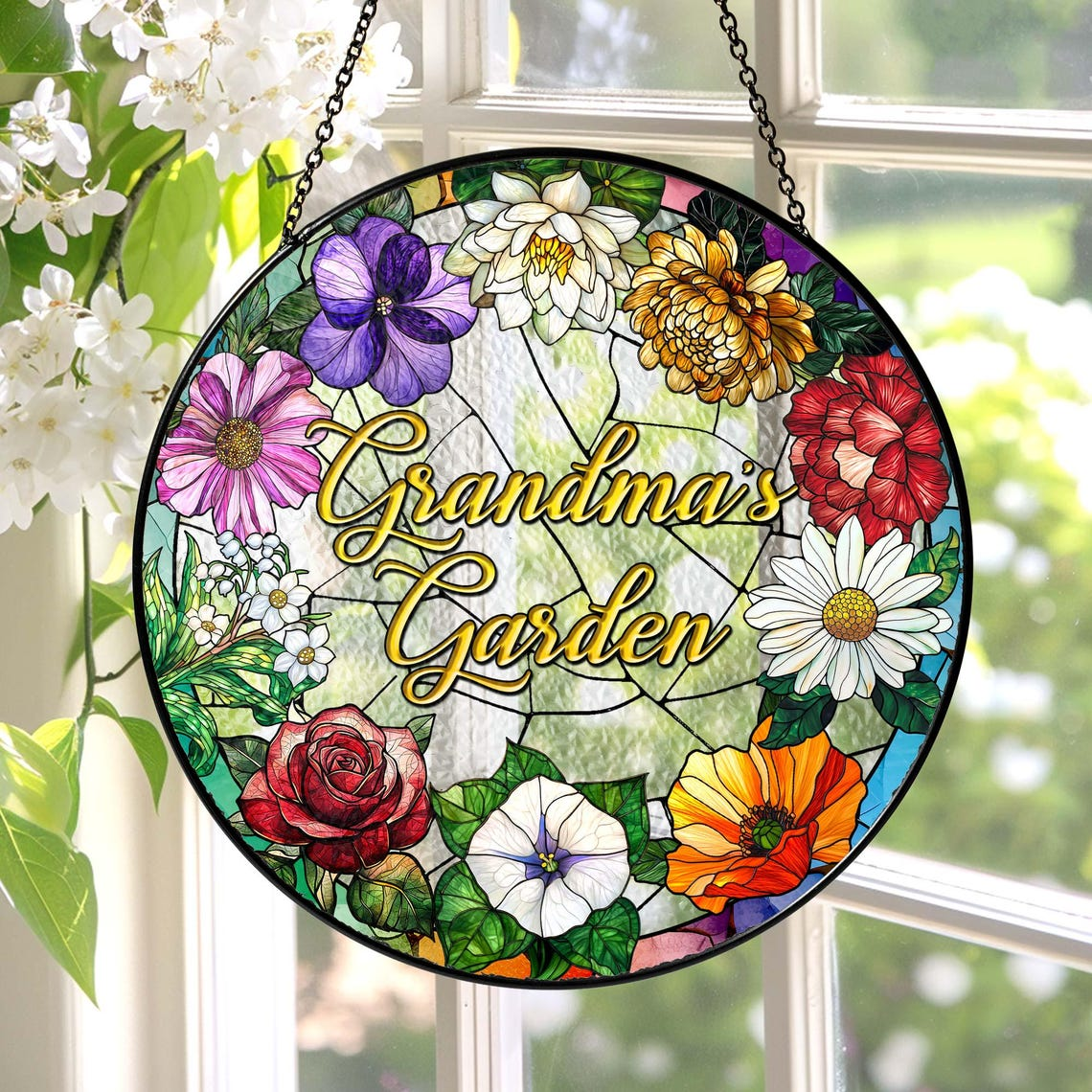 Family Birth Flower Stained Glass Suncatcher Birth Month Flowers Personalized Window Hangings Grandmas Garden Mothers Day Gift