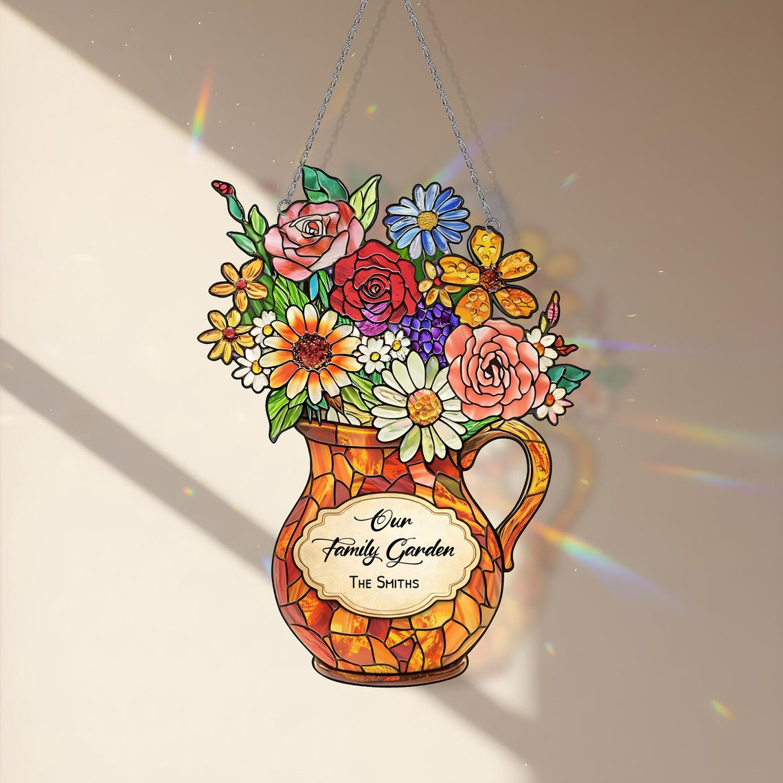 Personalized Flower Suncatcher Gift for Mom, Custom Family Name Window Decor, Mother's Day Floral Hanging Ornament
