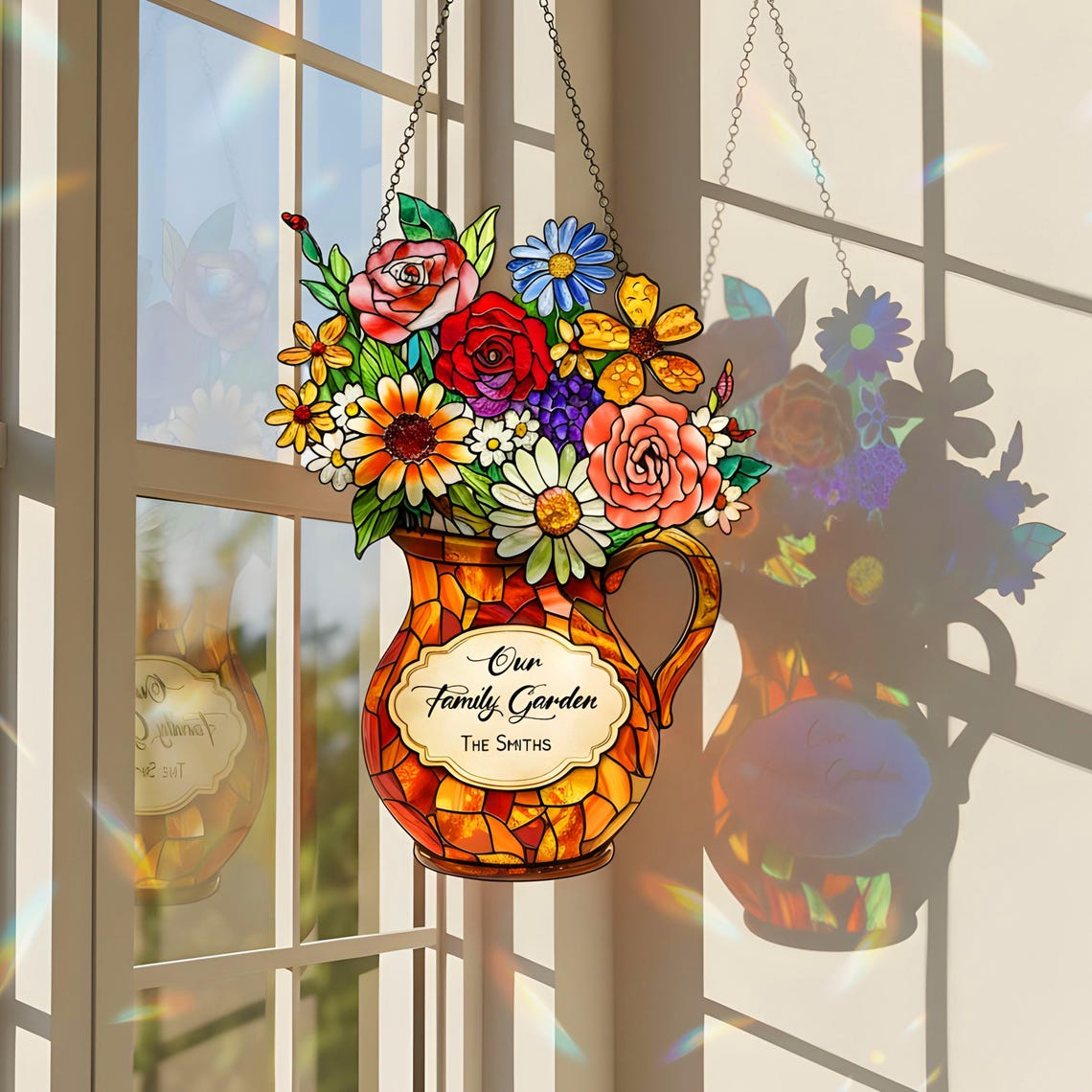 Personalized Flower Suncatcher Gift for Mom, Custom Family Name Window Decor, Mother's Day Floral Hanging Ornament