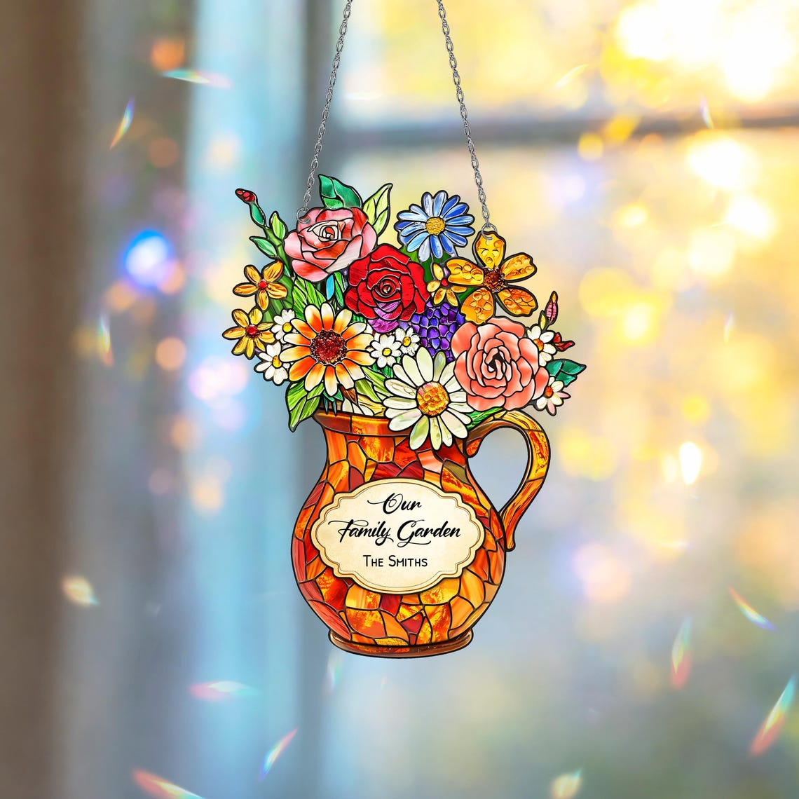Personalized Flower Suncatcher Gift for Mom, Custom Family Name Window Decor, Mother's Day Floral Hanging Ornament