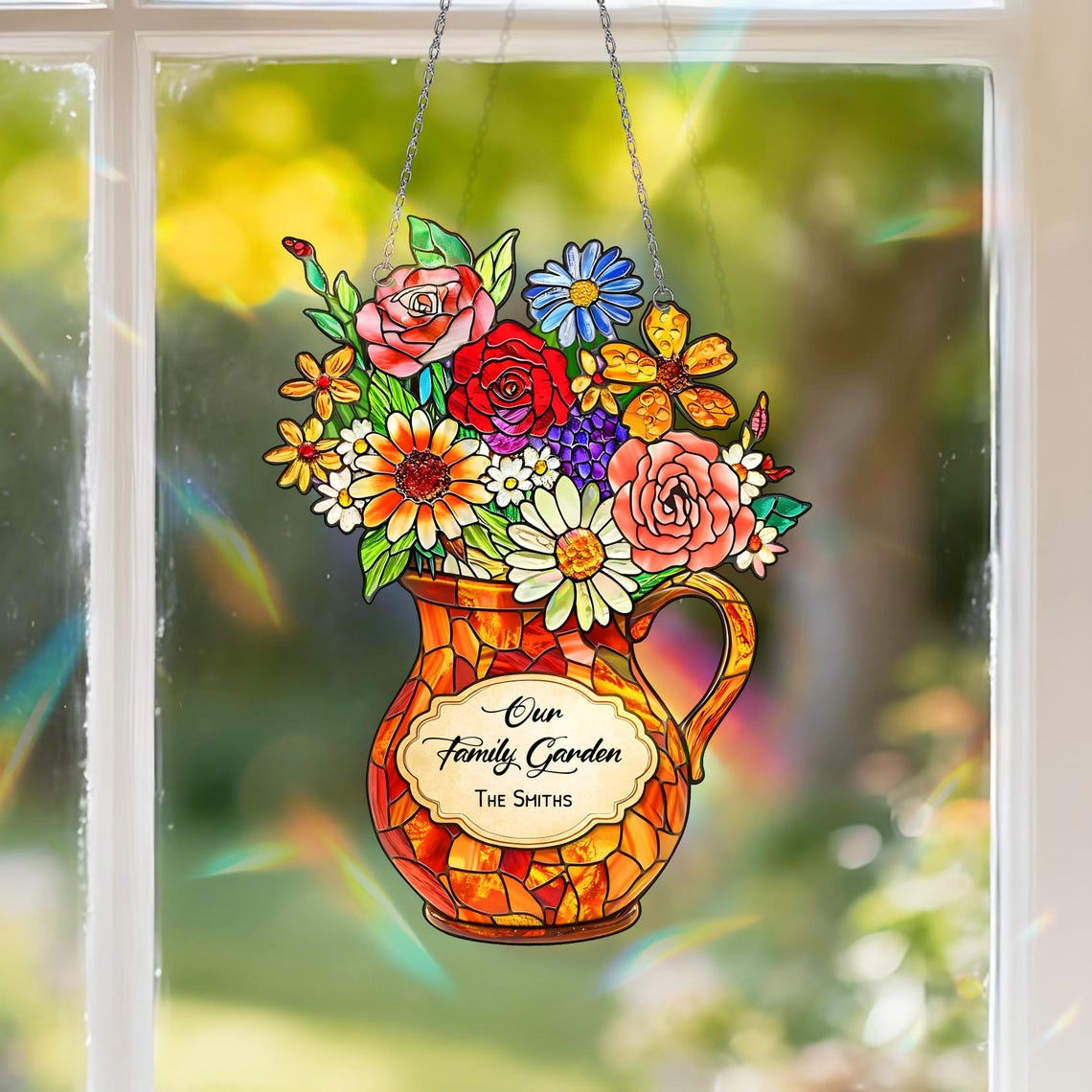 Personalized Flower Suncatcher Gift for Mom, Custom Family Name Window Decor, Mother's Day Floral Hanging Ornament