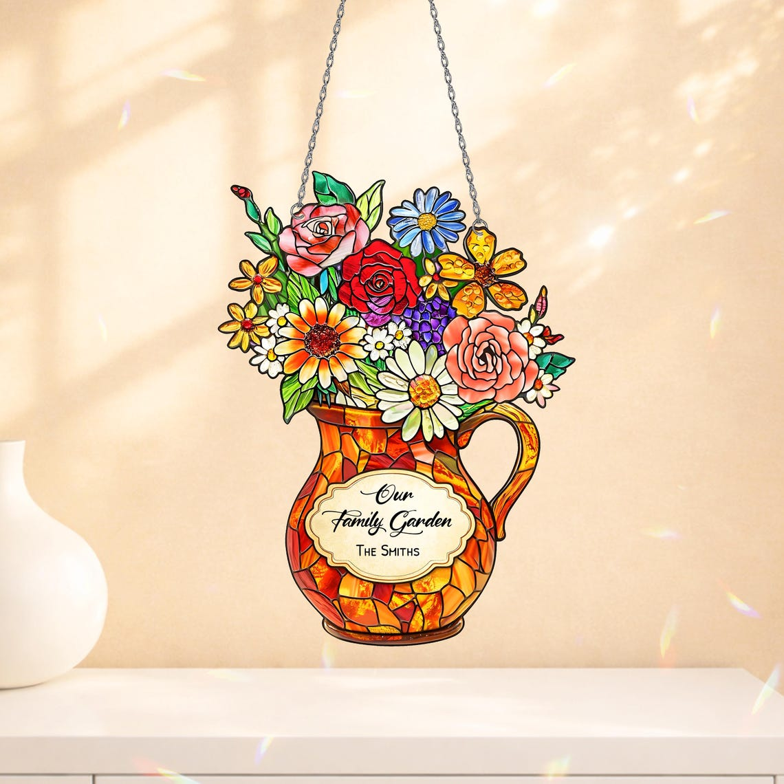 Personalized Flower Suncatcher Gift for Mom, Custom Family Name Window Decor, Mother's Day Floral Hanging Ornament
