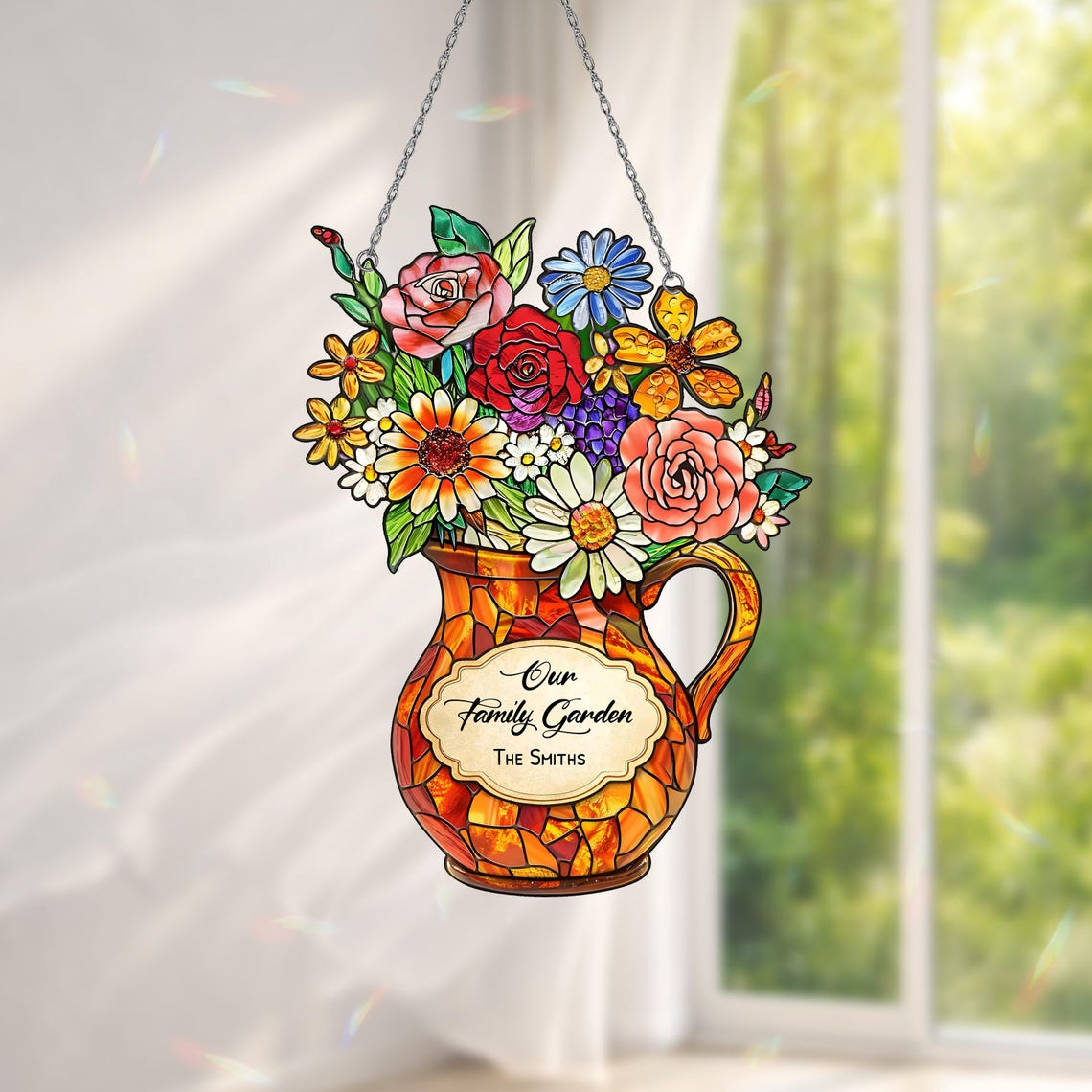Personalized Flower Suncatcher Gift for Mom, Custom Family Name Window Decor, Mother's Day Floral Hanging Ornament