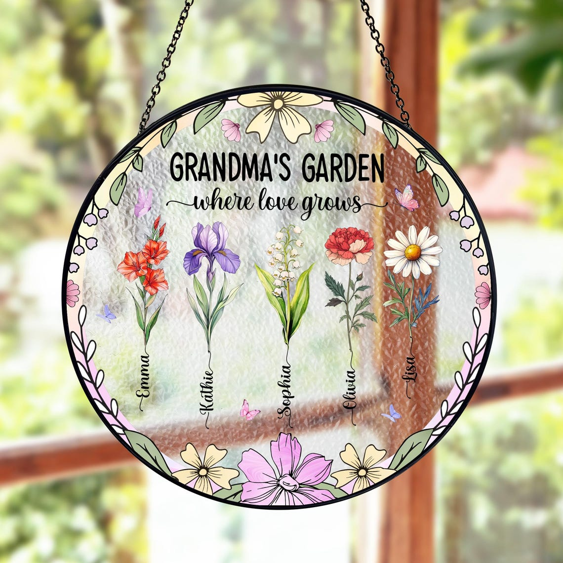 Custom Grandma Gift, Personalized Grandma's Garden Suncatcher For Grandma, Mother's Day Gift For Grandma, Birth Month Flower Stained Glass