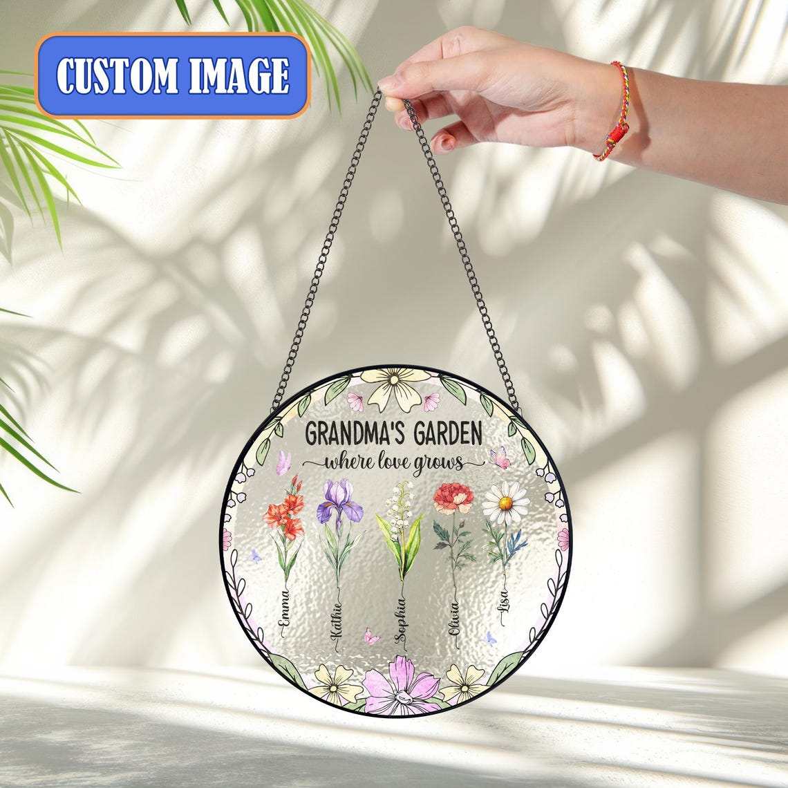 Custom Grandma Gift, Personalized Grandma's Garden Suncatcher For Grandma, Mother's Day Gift For Grandma, Birth Month Flower Stained Glass
