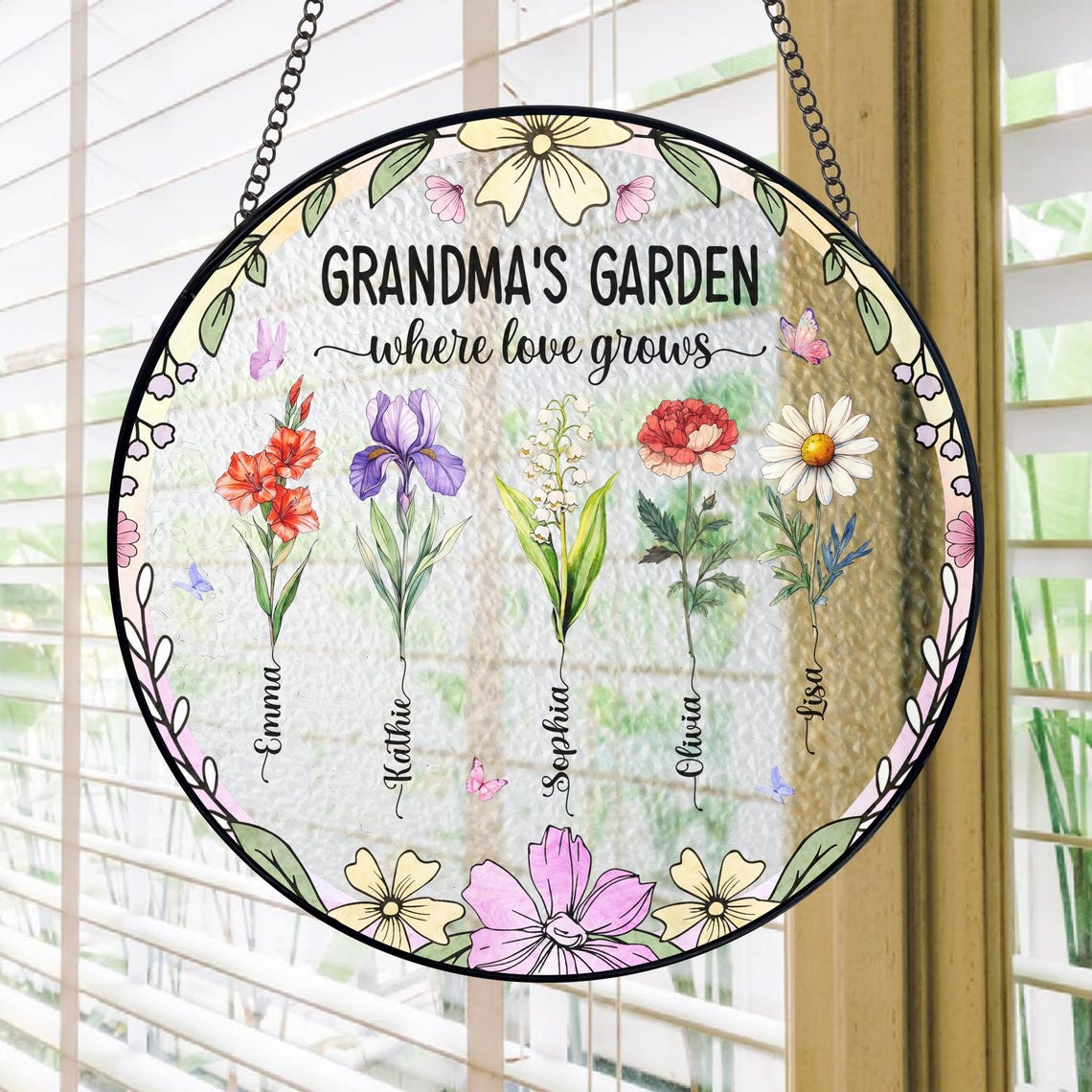 Custom Grandma Gift, Personalized Grandma's Garden Suncatcher For Grandma, Mother's Day Gift For Grandma, Birth Month Flower Stained Glass