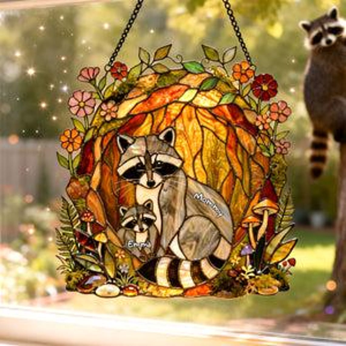 Personalized Raccoon Mom Acrylic Suncatcher, Custom Name Mommy And Kids Hanging Suncatcher, Mother's Day Window Decor, Gift For Mom