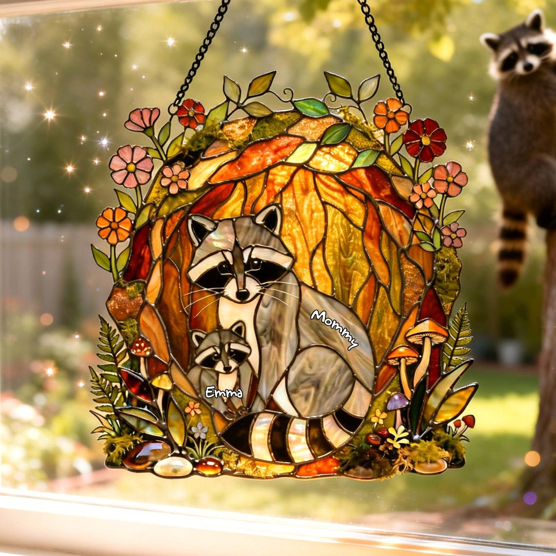 Personalized Raccoon Mom Acrylic Suncatcher, Custom Name Mommy And Kids Hanging Suncatcher, Mother's Day Window Decor, Gift For Mom