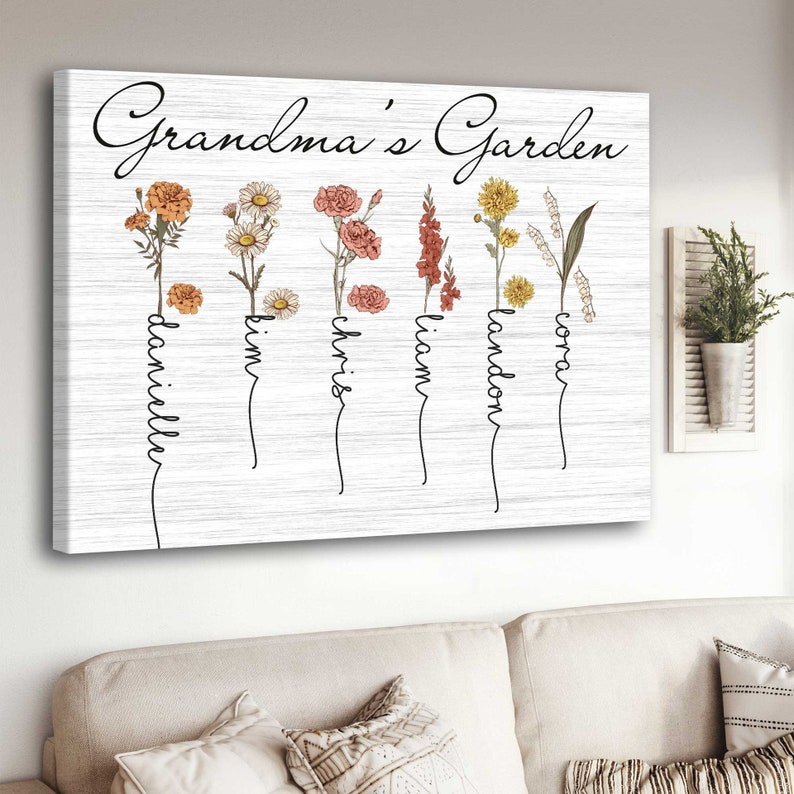 Personalized Grandma's Garden Canvas Prints, Custom Grandma Birth Flower Kids Names Nana Wall Art, Mother's Day Gift For Mom Grandmother