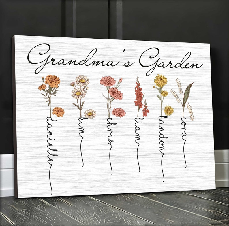Personalized Grandma's Garden Canvas Prints, Custom Grandma Birth Flower Kids Names Nana Wall Art, Mother's Day Gift For Mom Grandmother
