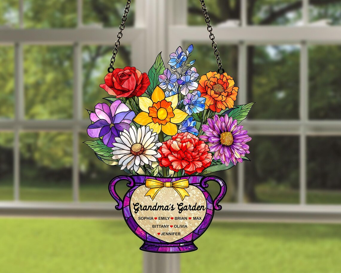Personalized Grandma's Garden Suncatcher, Mothers Day Gift for Grandma, Birth Month Flower Acrylic Suncatcher Window Hanging, Gift for Mom