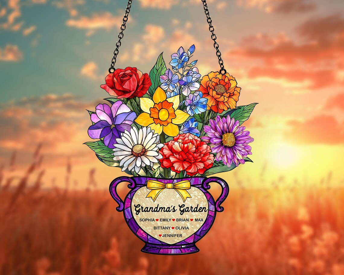 Personalized Grandma's Garden Suncatcher, Mothers Day Gift for Grandma, Birth Month Flower Acrylic Suncatcher Window Hanging, Gift for Mom