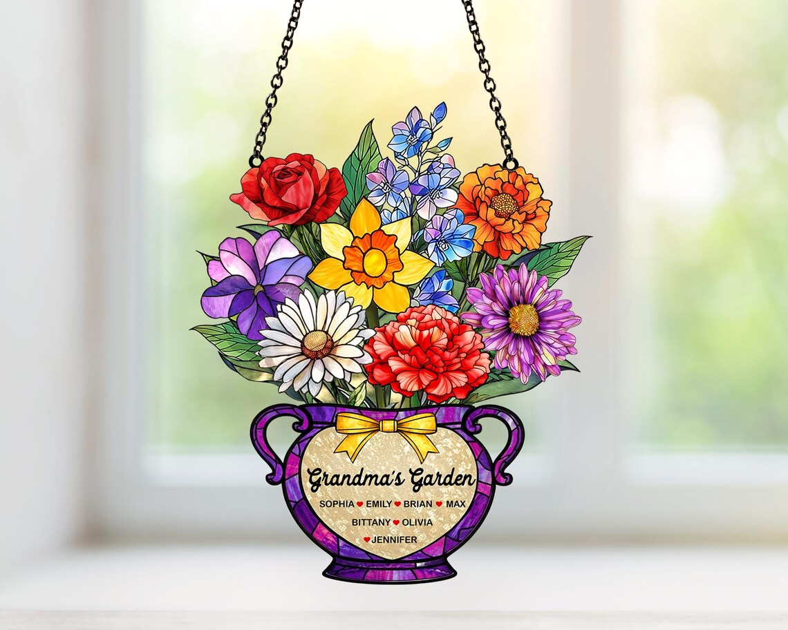 Personalized Grandma's Garden Suncatcher, Mothers Day Gift for Grandma, Birth Month Flower Acrylic Suncatcher Window Hanging, Gift for Mom