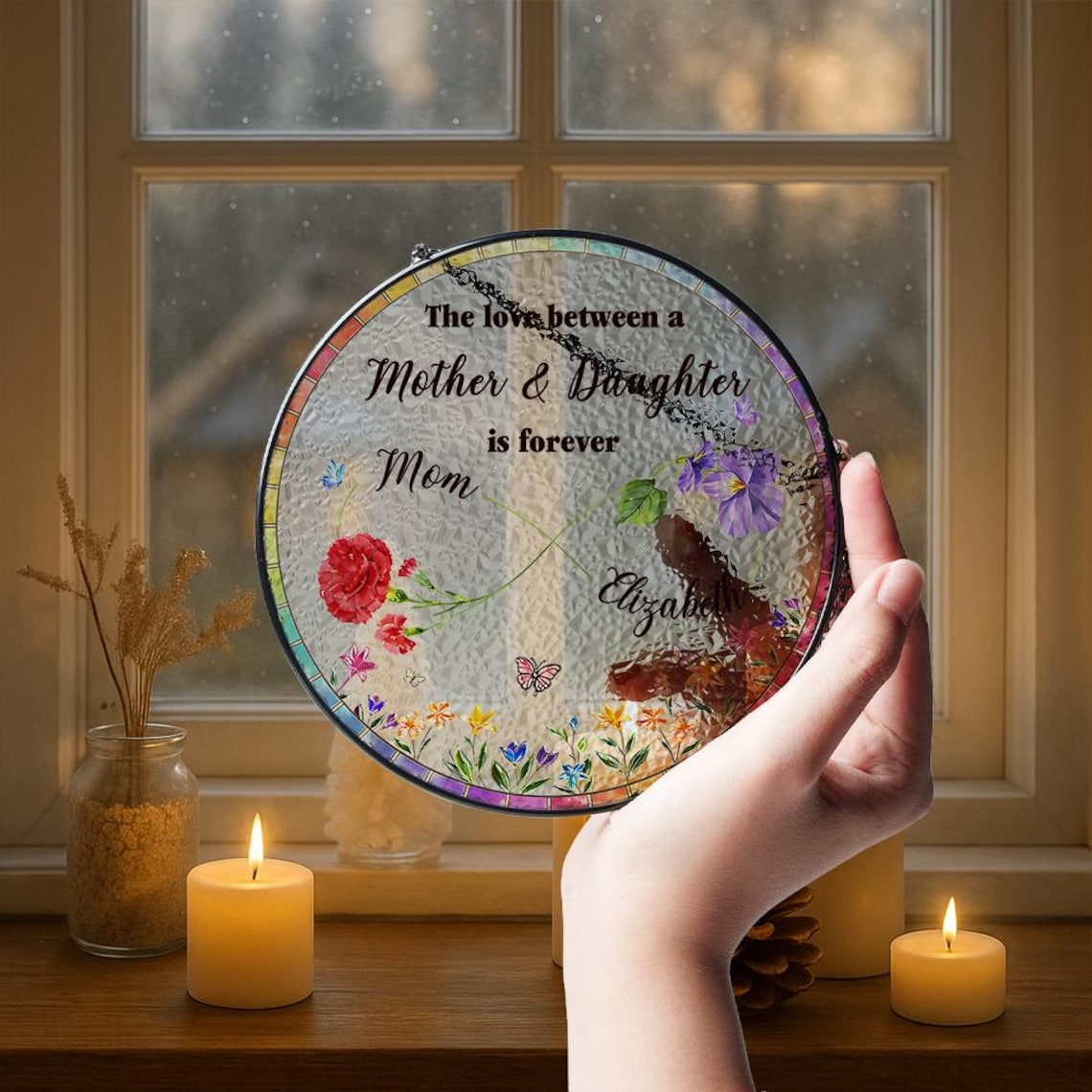 The Love Between Mother and Daughter is Forever Suncatcher, Personalized Birth Flowers Suncatcher, Mother's Day Gift For Mom from Daughter