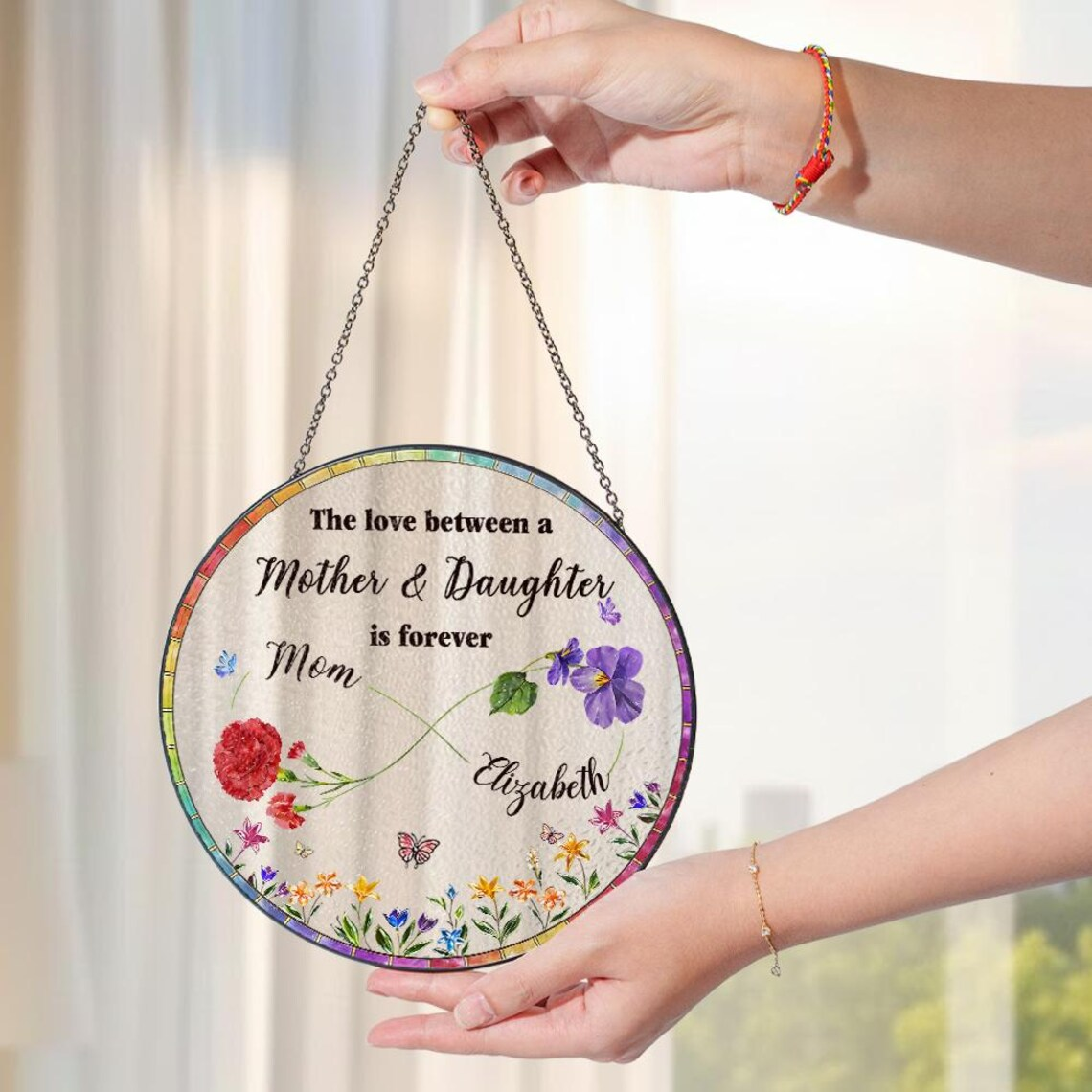 The Love Between Mother and Daughter is Forever Suncatcher, Personalized Birth Flowers Suncatcher, Mother's Day Gift For Mom from Daughter