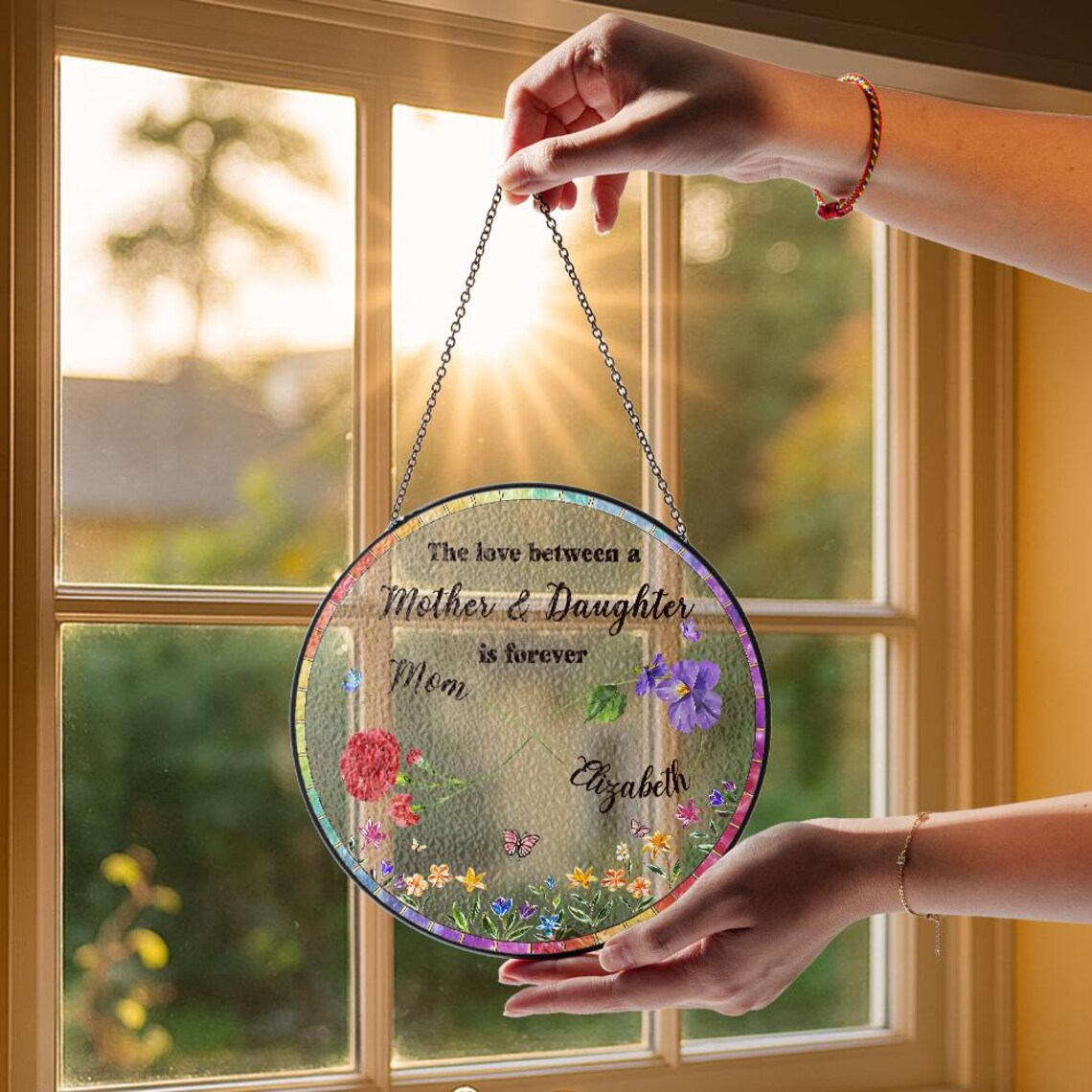 The Love Between Mother and Daughter is Forever Suncatcher, Personalized Birth Flowers Suncatcher, Mother's Day Gift For Mom from Daughter