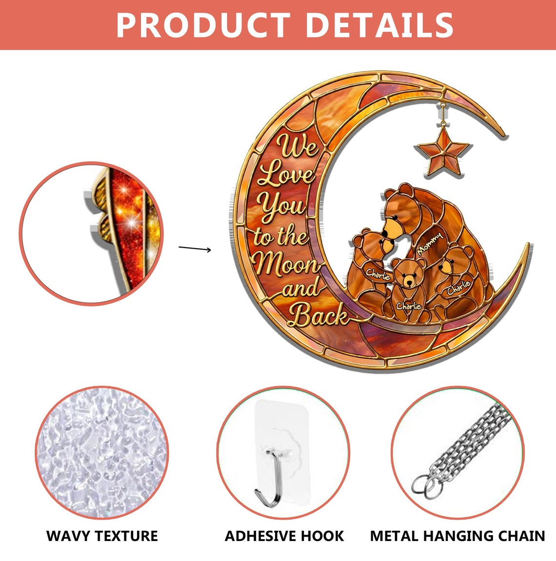 Personalized Mom Gift with Kids Names, We Love You to the Moon and Back Suncatcher, Mother's Day Gift from Kids, Custom Family Window Decor