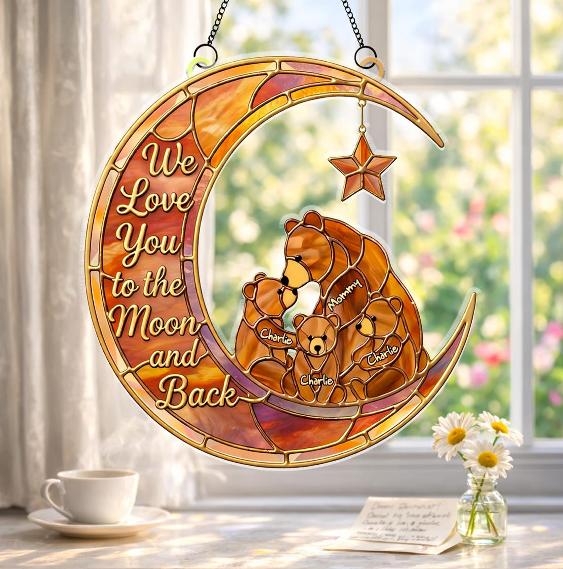 Personalized Mom Gift with Kids Names, We Love You to the Moon and Back Suncatcher, Mother's Day Gift from Kids, Custom Family Window Decor
